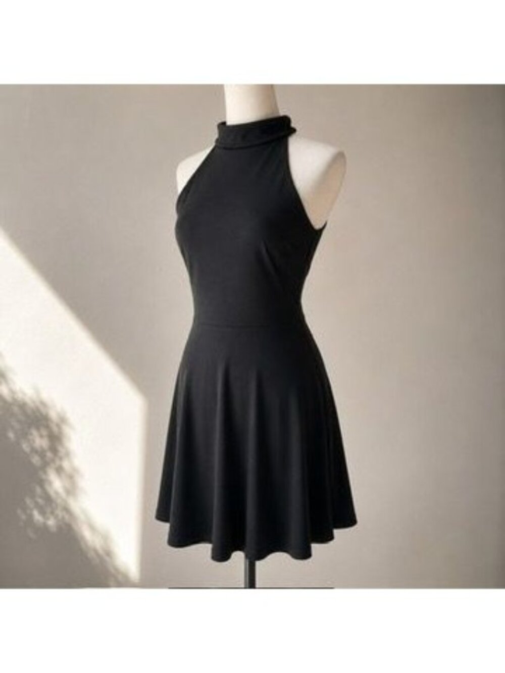 Black Halter Mock Neck Open Back Fit & Flare Jersey Midi Dress LBD S Cocktail